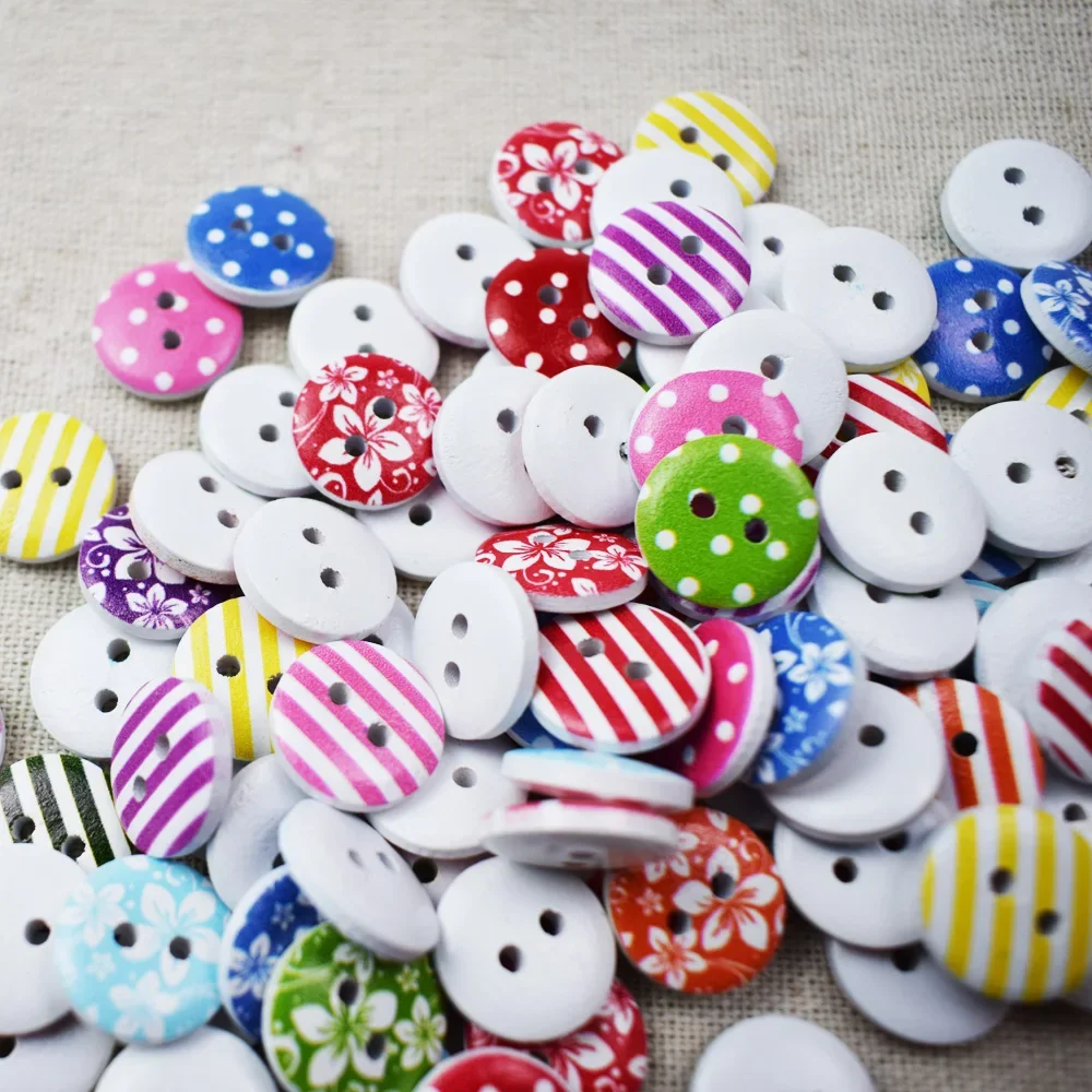 50PCS Flower Round Wood Button Handmade Round Wooden Buttons with 2 Holes 15MM for Sewing Craft Accessories