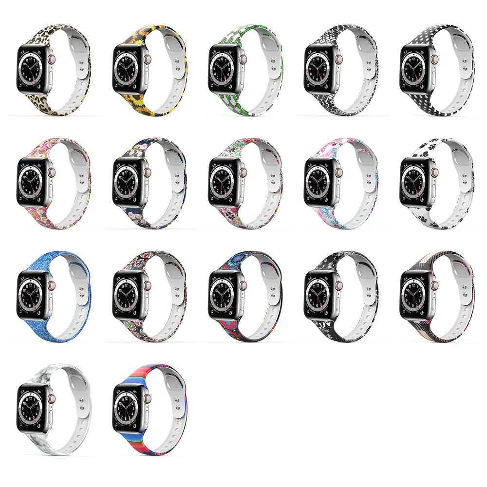 With Pattern Silicone Narrow Waist Watch Band For Apple Series 10 9 8 7 6 5 4 3 Ultra 38mm 40mm 41mm 44mm 45mm 49mm Snaps Strap