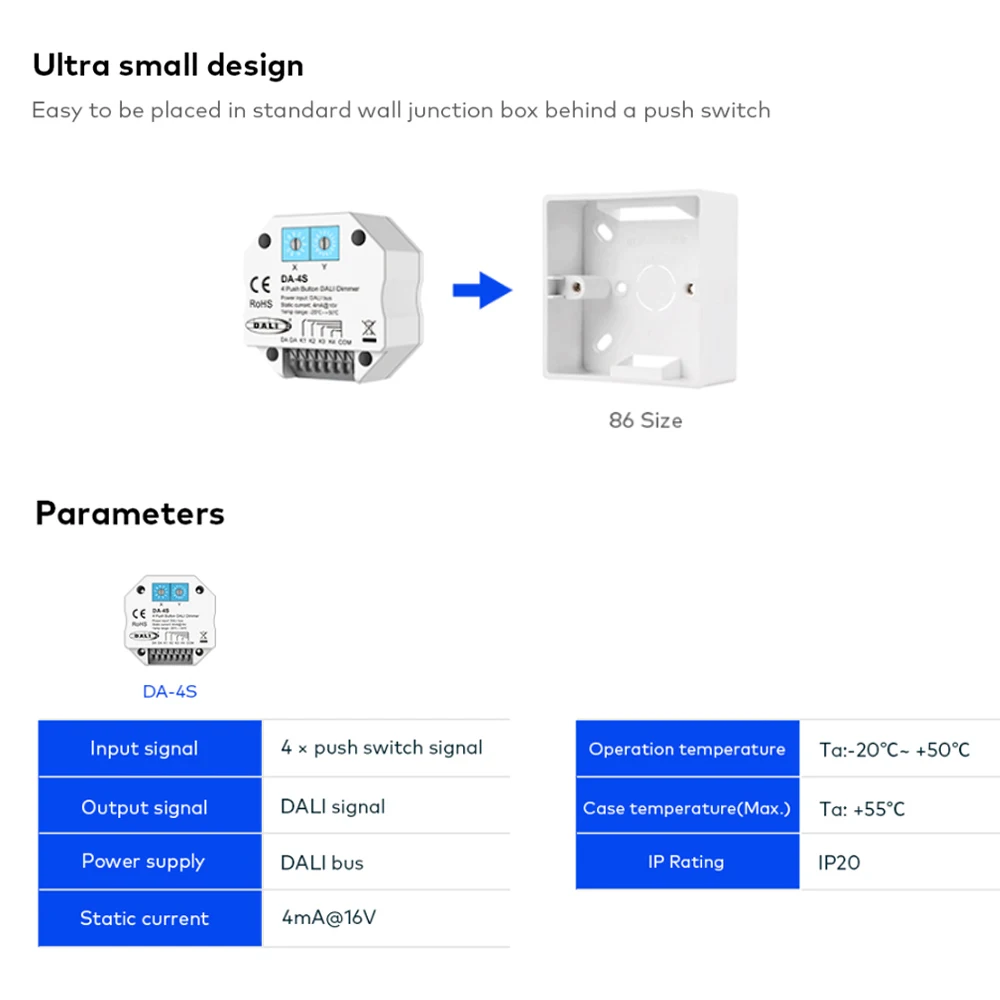 Standard DALI Master 4 Push Button DALI Dimmer Control 4 DALI Addresses With Push Swich Dimming Power is Provided By DALI Bus