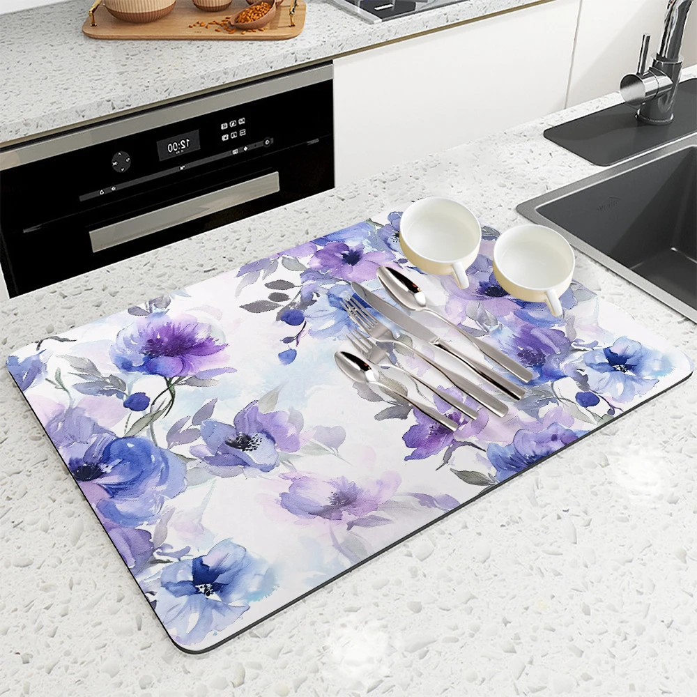 Large Kitchen Absorbent Mat Watercolor Plants Antiskid Draining Coffee Dish Drying Mat Quick  Bathroom Drain Pad Tableware Mat