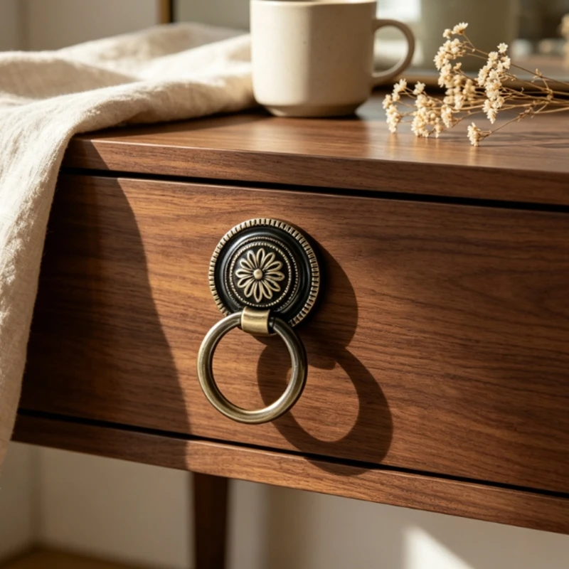Pack of 6 Antique Bronze Drop Pull Drawer Hardware Set, Embossed Round Backplate, Single Hole Furniture Pull for Cabinets D2RD
