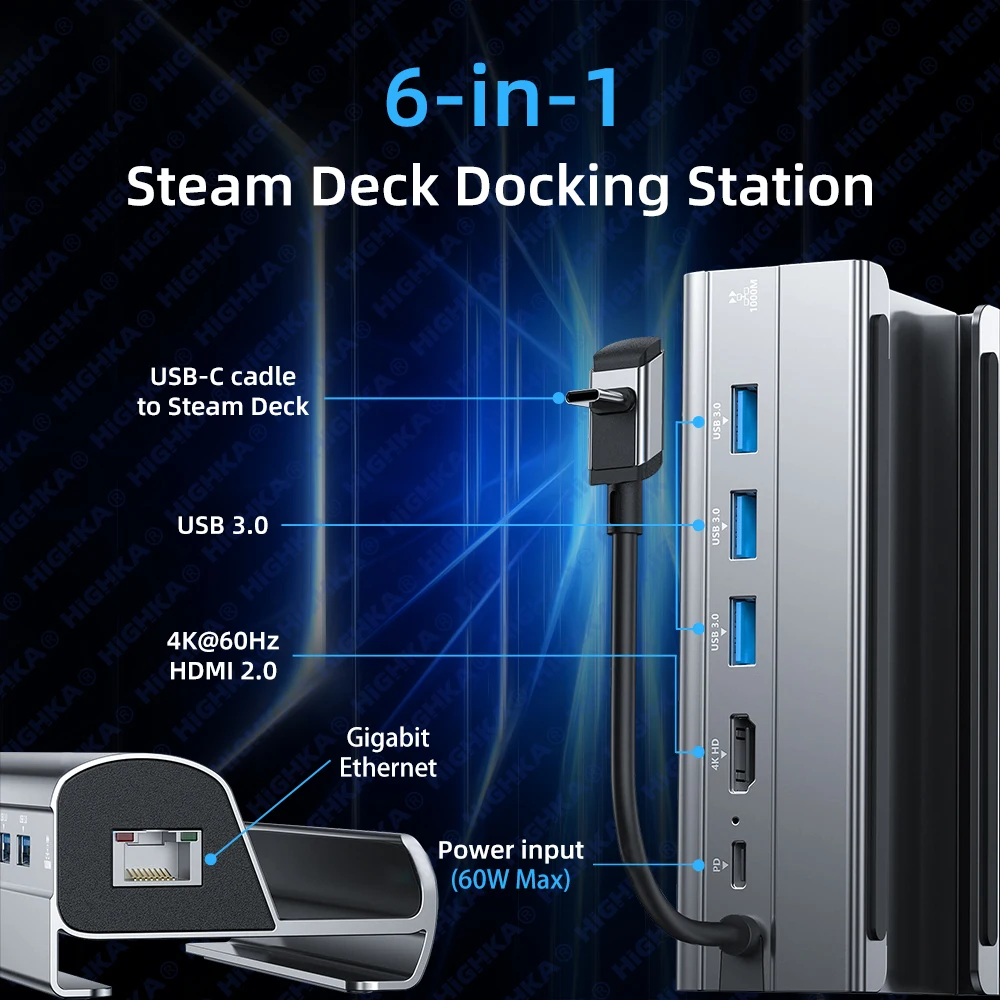 Steam Deck Dock 6 en 1 Steam Deck Rog Ally Docking Station Stand accesorios 3 * USB 3,0 HDMI 4K @ 60Hz Gigabit Ethernet 1000Mbps PD 60W Hub