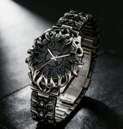 CILOA-Men's Gothic Quartz Wrist Watch, Vintage Hollow Flame Shape Case, Metal Link Bracelet Punk Casual Watch-1453