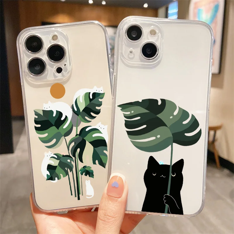 Retro Banana Leaves Animal Cats Case For iPhone 11 12 13 14 15 Pro Max For iPhone 13 Mini X XS Max XR 8 7 Plus SE20 Clear Cover