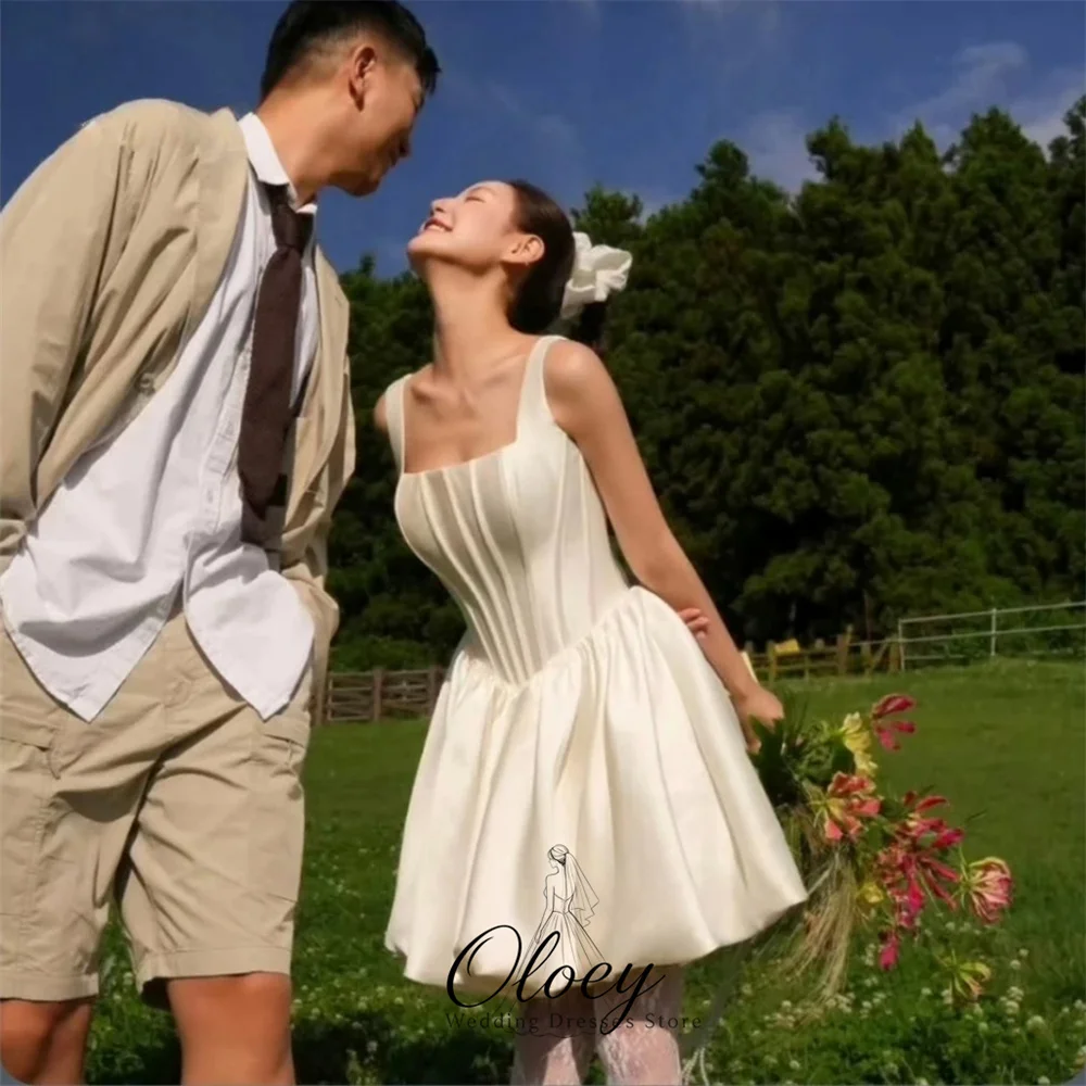 OLOEY Playful Square Neck Korea Wedding Dress Photo Shoot A-Line Satin Mini Bridal Gown Customized Garden Wedding Dress 2027