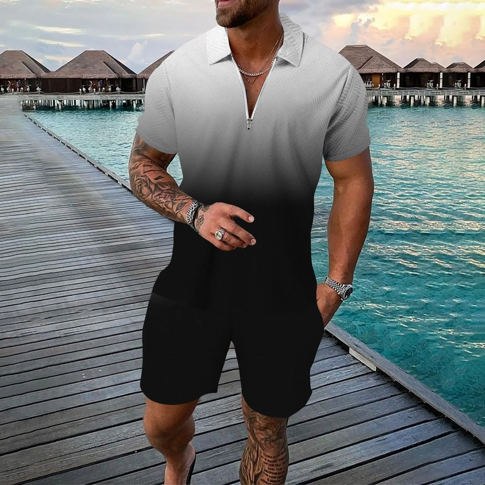 Male Casual Striped Gradient Ramp Print Two Piece Suits Zipper Short Sleeve Top And Drawstring Pocket Shorts Sets For Men