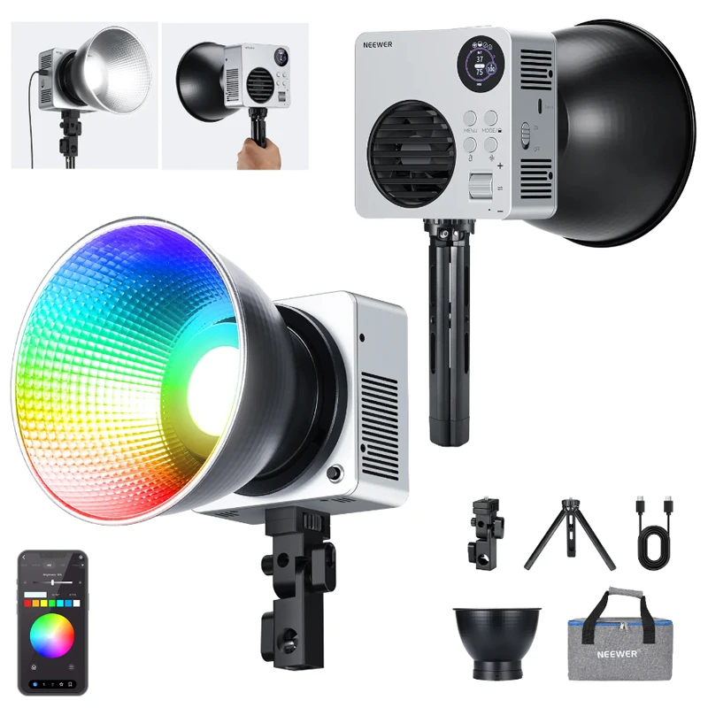 NEEWER HB80C 80W RGB Mini COB LED Video Light 2500K-7500K Bowens Mount Photography Light with APP Control,with Bag/Grip Handle