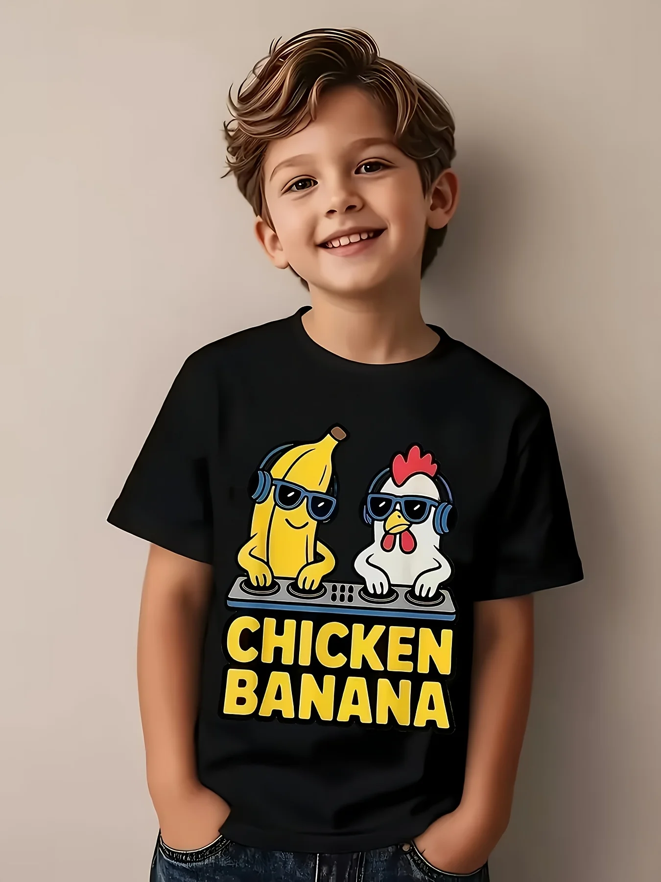 Dj Banana Chicken Headphones Cartoon Print Family Matching Cotton Tees Short Sleeve Tops For Mom Dad Boys Girls Daily Wear