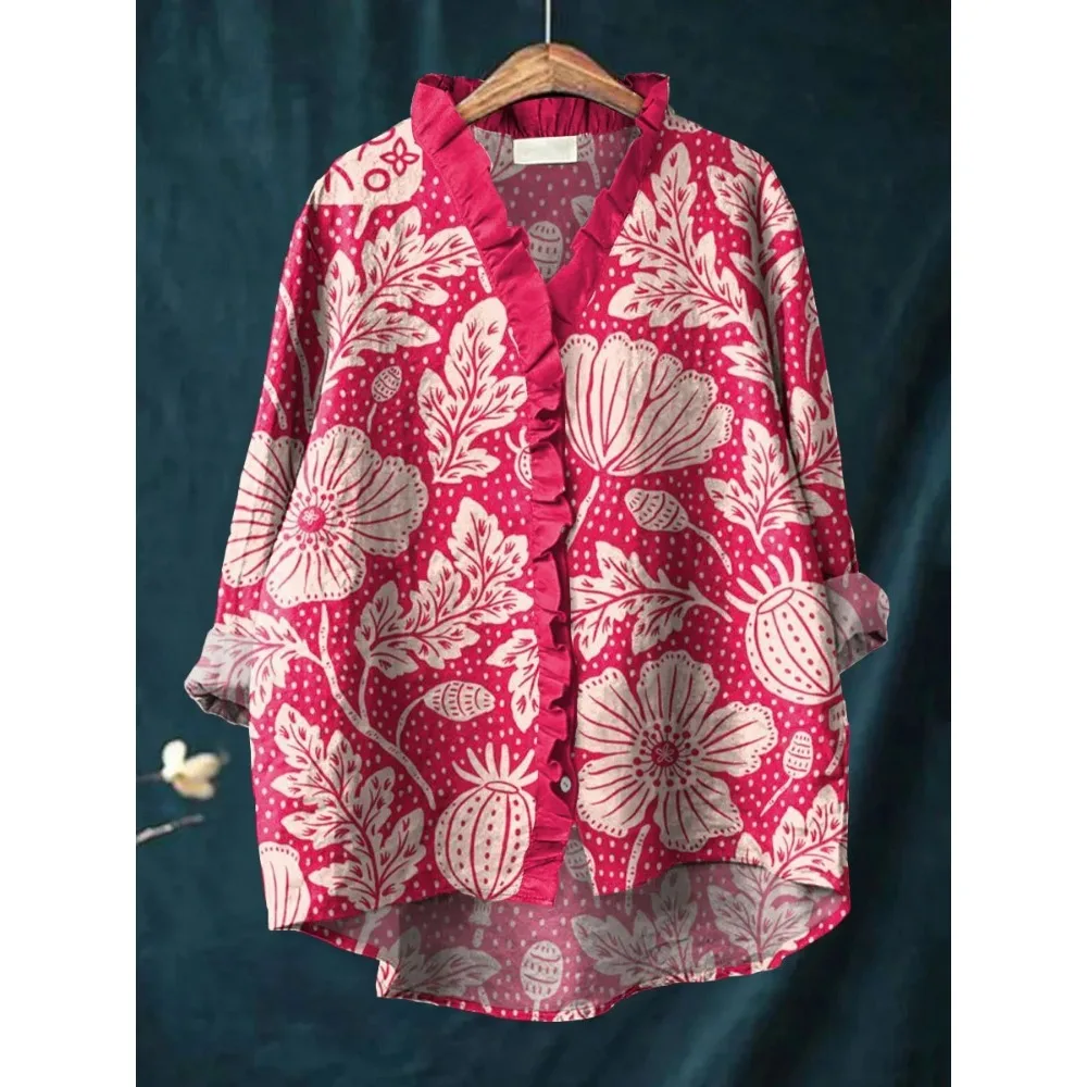 قميص حلو عتيق مع ياقة مكشكشة مثير للنساء بلوزة بوهيمية اللون وردي مُزينة بالزهور كريب فقاعي فضفاض مناسب بلوزة غير رسمية #1