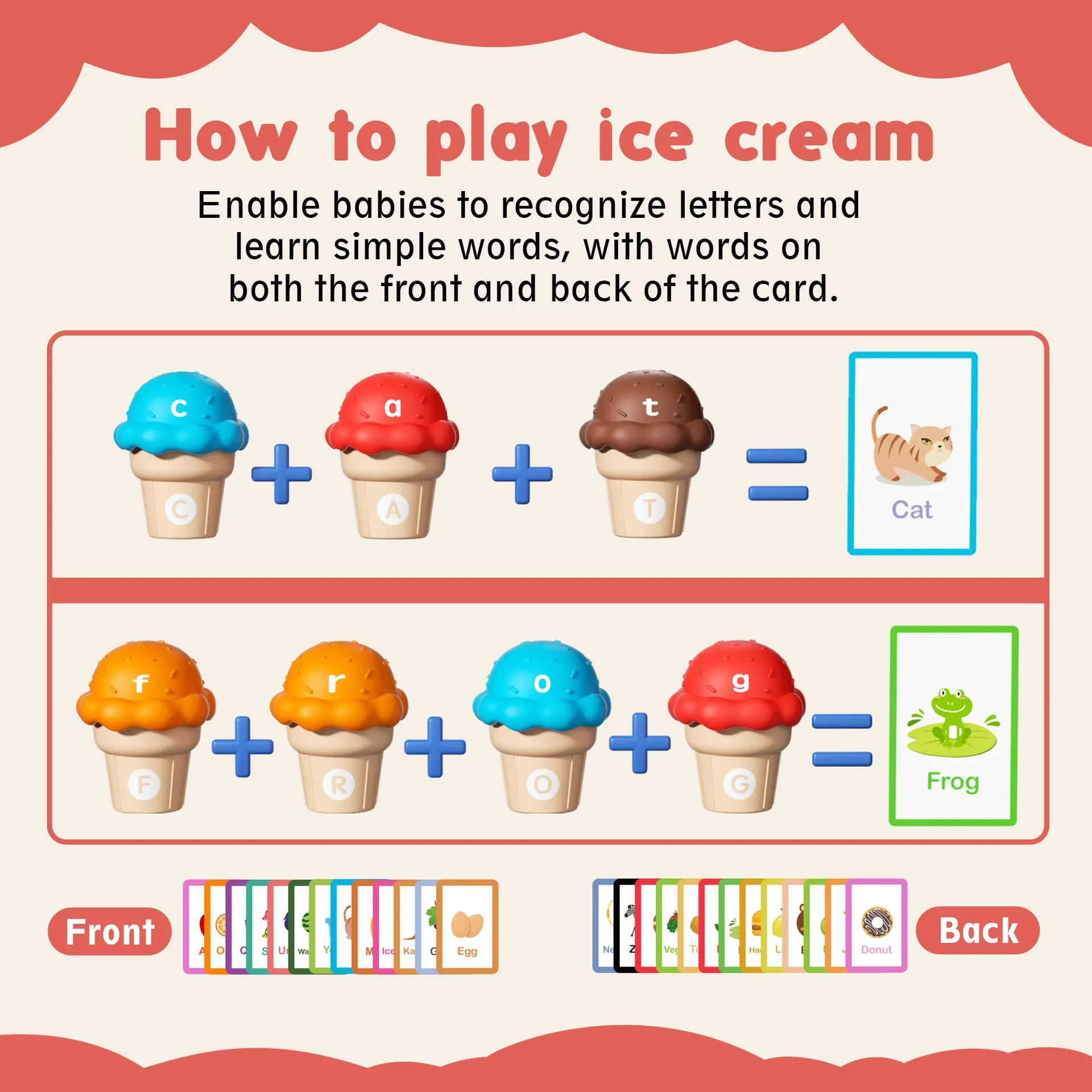 Giocattoli cognitivi del colore del gelato Giocattoli educativi Montessori per bambini Giochi di abbinamento in inglese Giocattoli impilabili Regalo per bambini