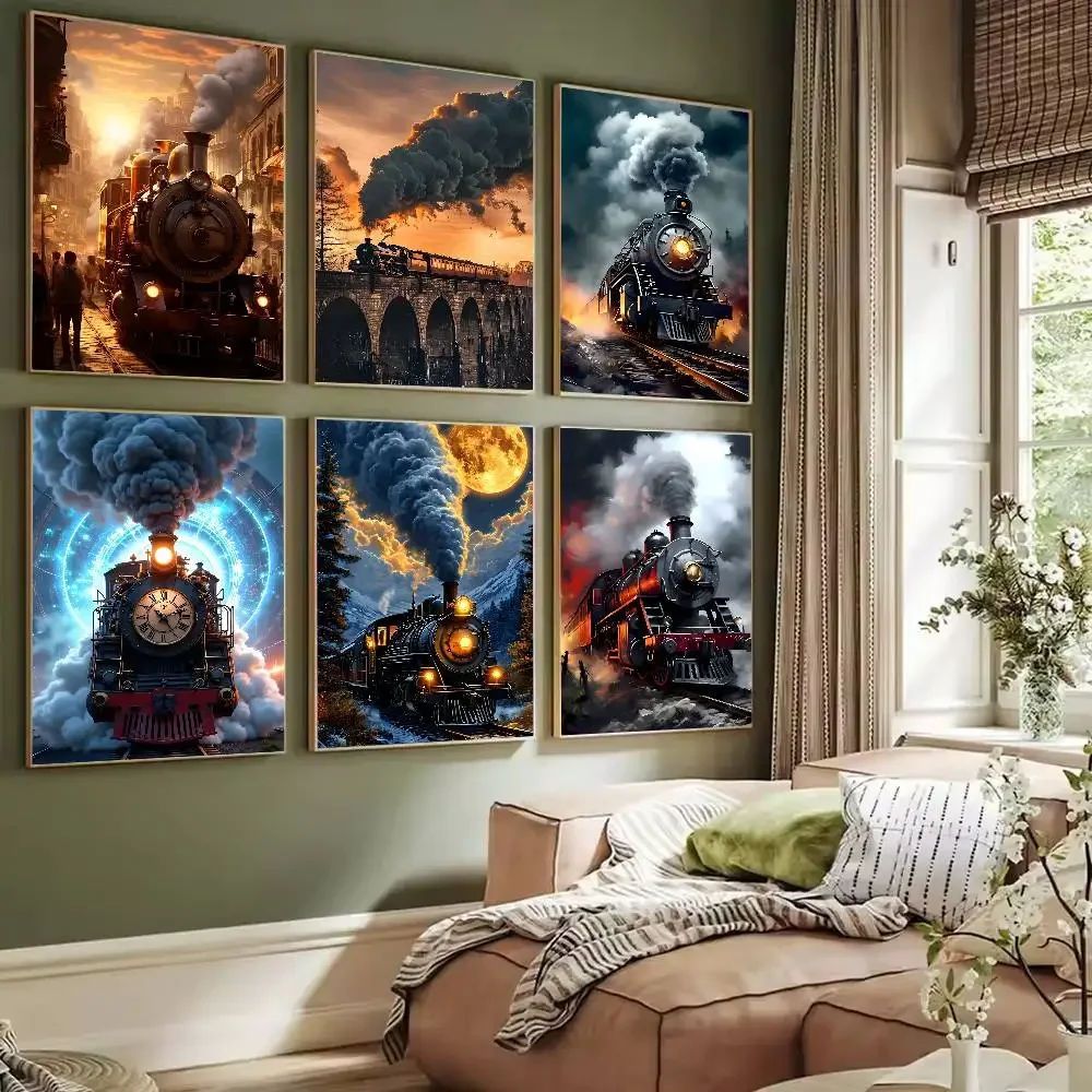 Railroad Retro Railway Steam Train Poster  Self-adhesive Art Waterproof Paper Sticker Coffee House Bar Dorm Room Wall Decor