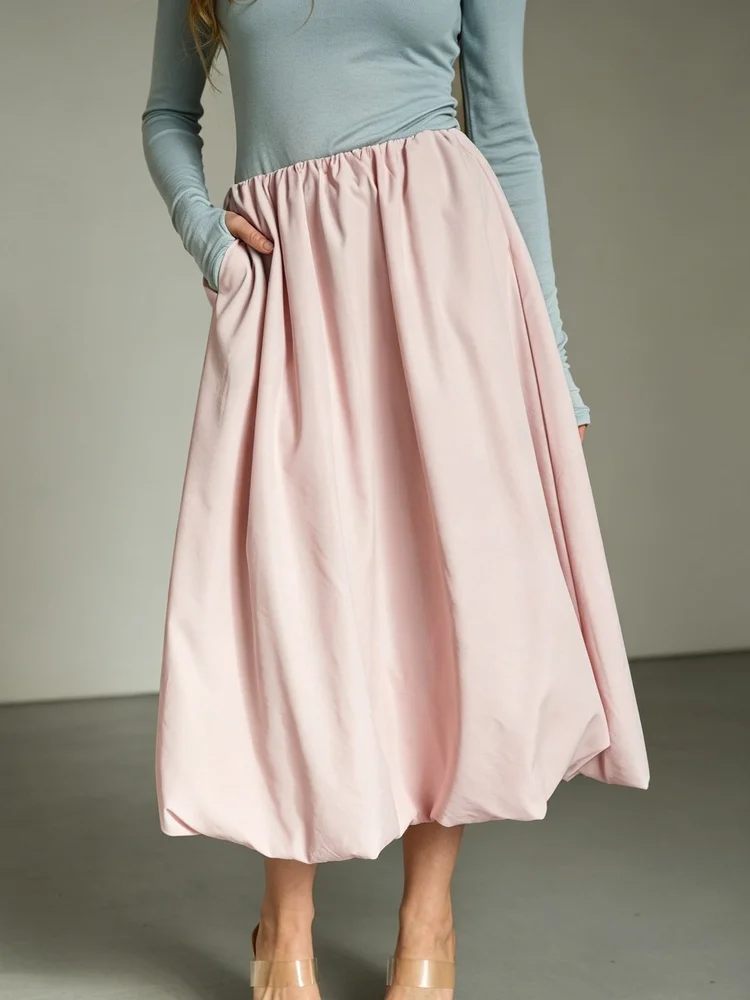 Bubble Hem Midi Skirt Acetate Cotton  Waist Gathered Side Pockets Summer Casual Clothing Streetwear Solid Color Skirt 2026