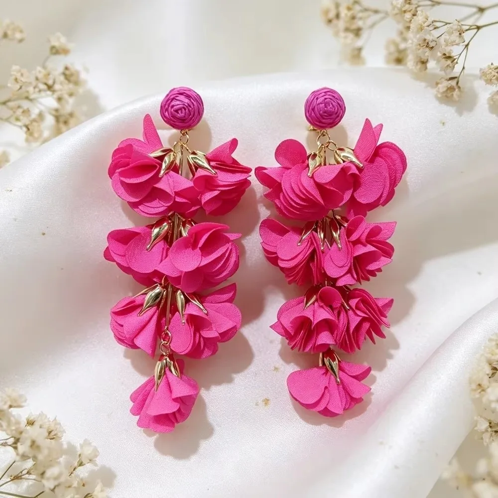 Ethnic Style Tassel Earrings Exaggerated Style Colorful Design Flower Earrings Clip On Closure Tassel Detail Clip On Earrings
