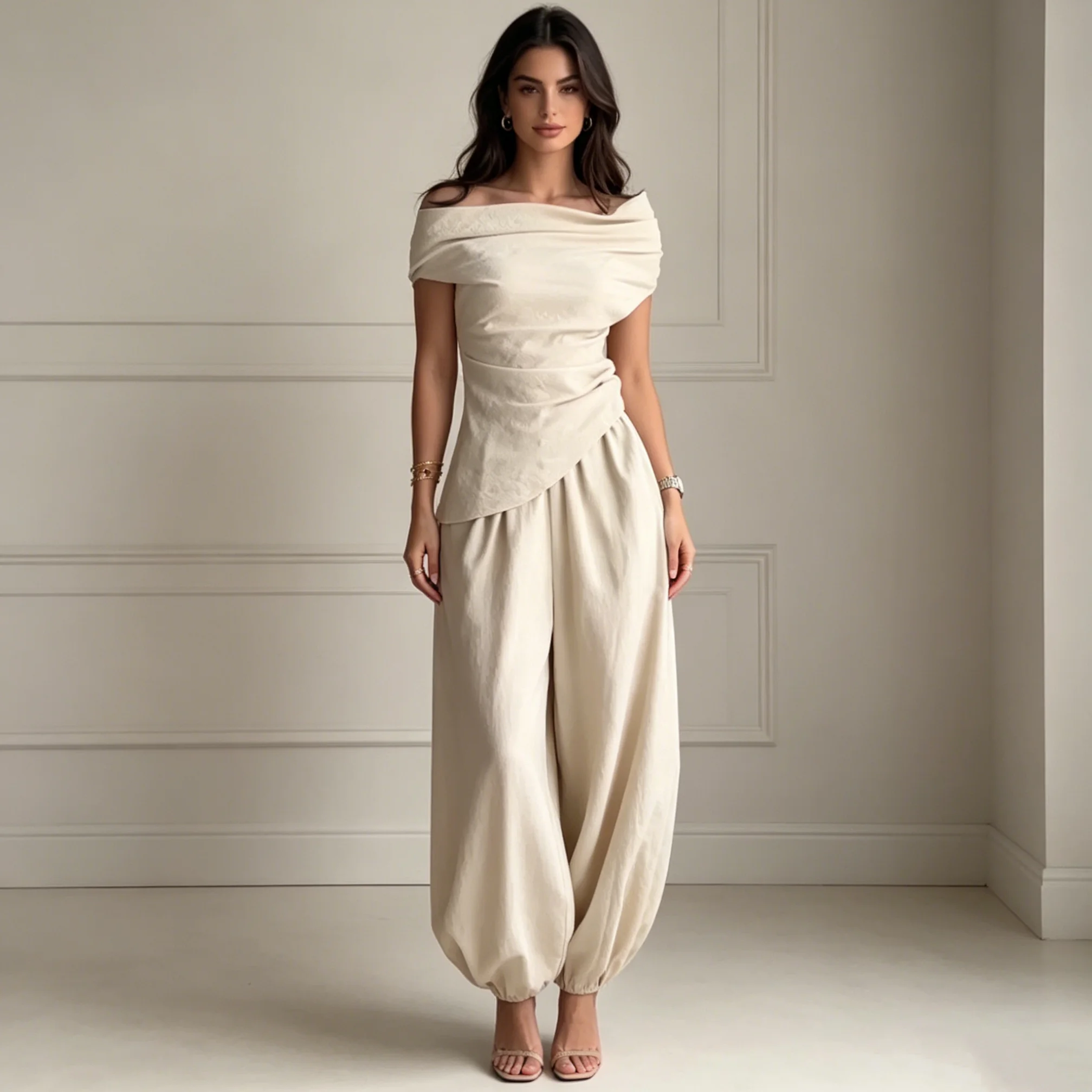 

CiCi Off Shoulder Draped Two Piece Set Women Asymmetrical Top And Lantern Pants Elegant Spring Summer Casual