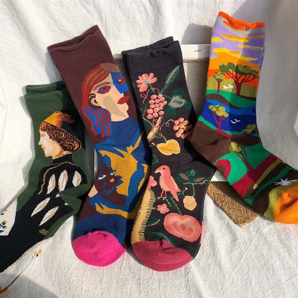 Fashion Female Hosiery Retro Cotton Couples Socks Female Mid-tube Sock Autumn Winter Socks Oil Painting Socks