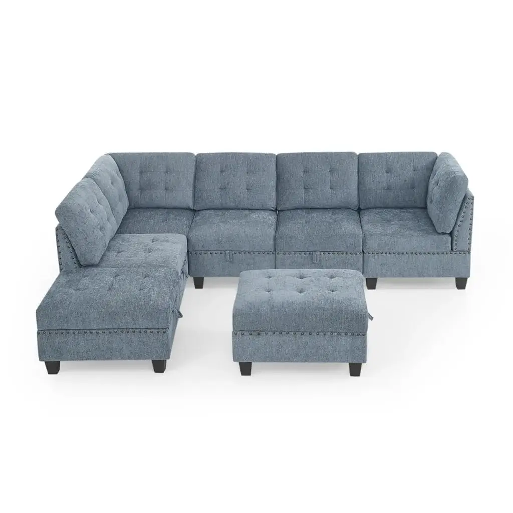 L Shape Chenille Modular Sectional Sofa, Combination Includes Three Single Chair,Two Corner and Ottoman, Customized