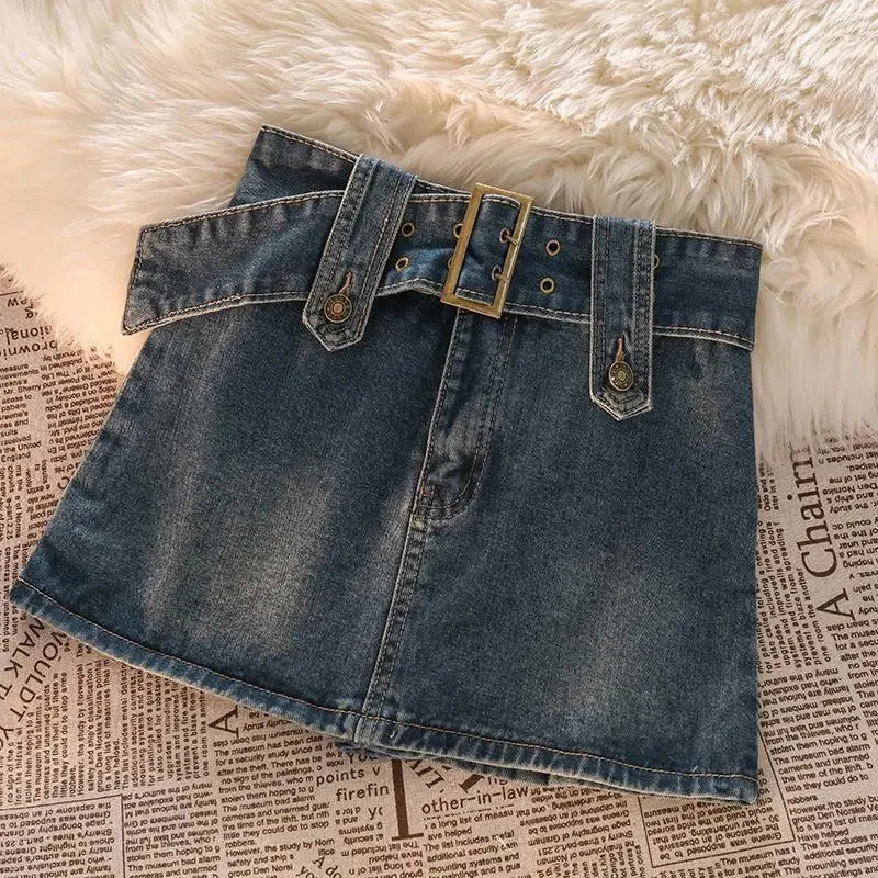 

Skirts Female Casual Ball Gown Korean Slim A Line Skirts New Vintage Women Denim Mini Skirts Summer Solid Belt Sexy Jeans
