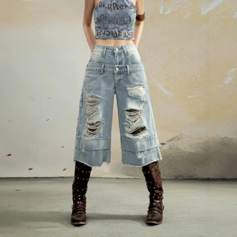 

Double Waistband Distressed Washed/8 Jeans Shorts Women Summer New Design Loose Wide-Leg Shorts Mid-Length Shorts