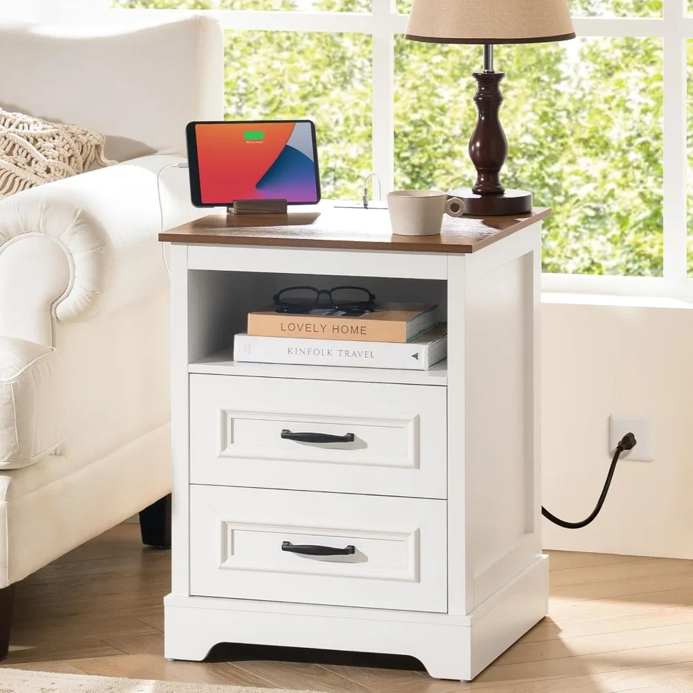

Farmhouse Nightstand with Charging Station, Wood Night Stand with Drawers, Bedside Table, Nightstands with Open Storage Shelf, R