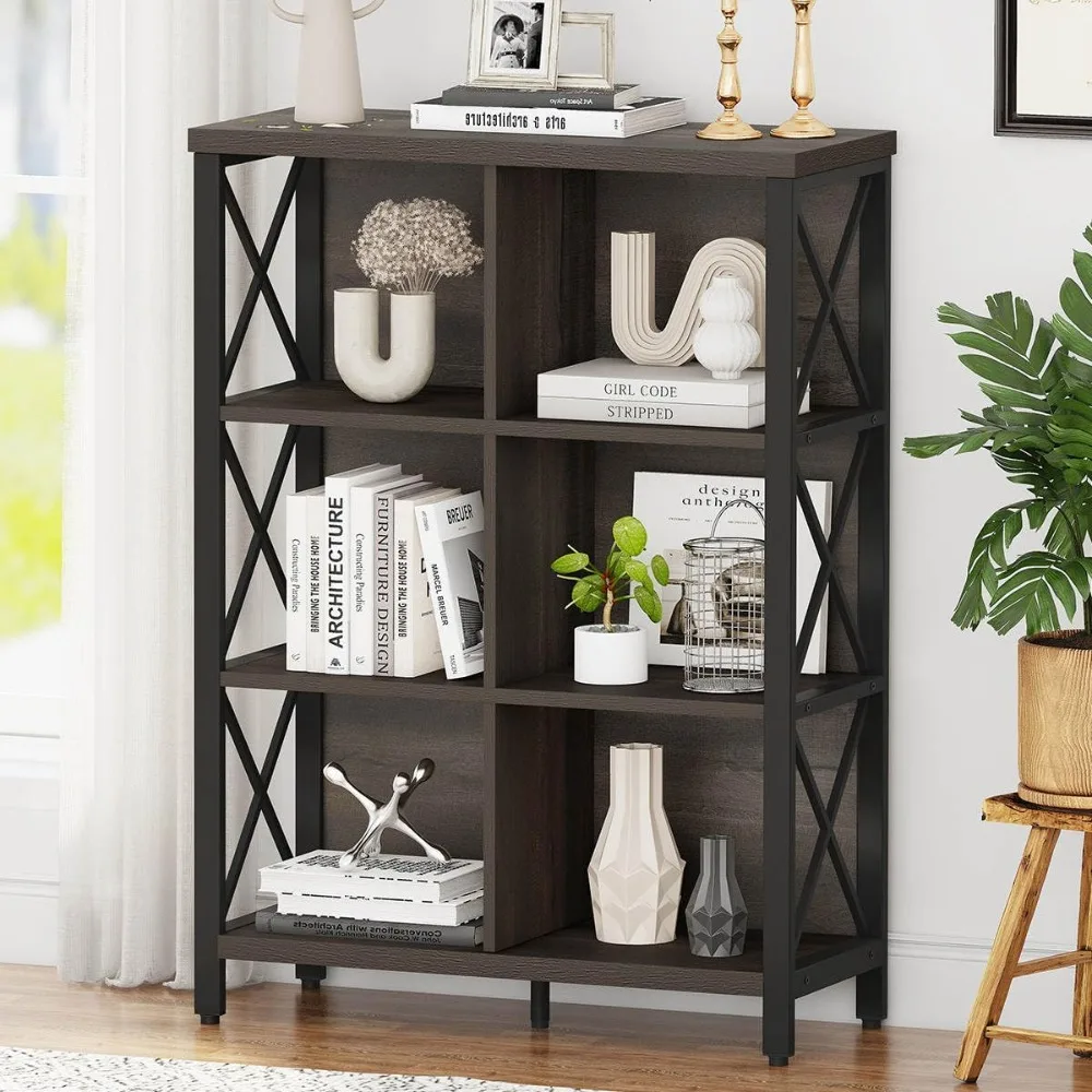 

6 Cube Storage Organizer Shelf, Rustic Wood and Metal Cubby Bookcase, Industrial 4 Tier Cube Bookshelf (Walnut Brown)