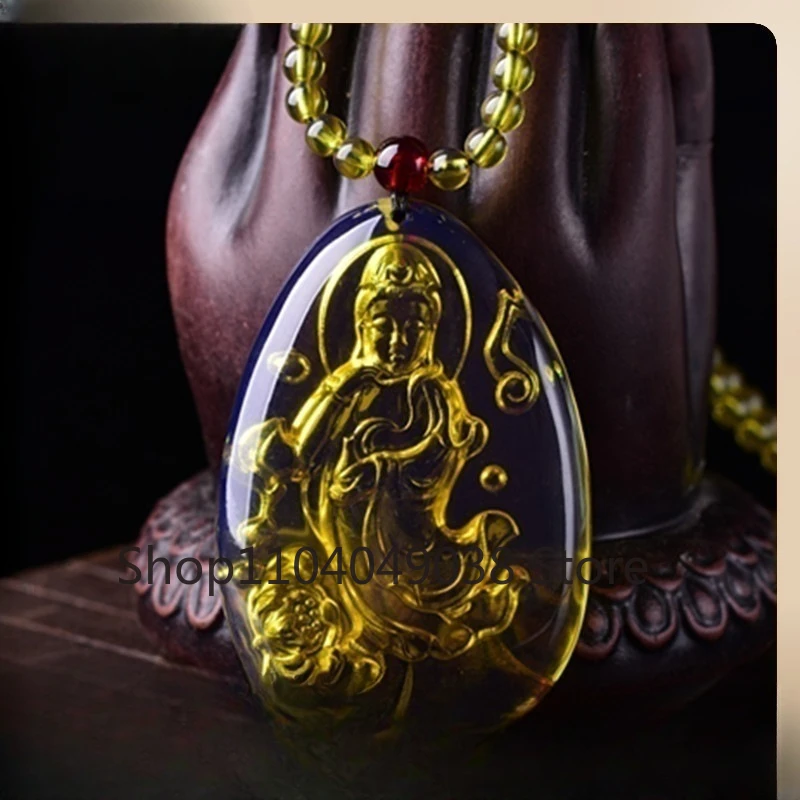 Baltic Sea Pure Water Blue Amber Hand Carved Avalokitesvara Necklace Pendant Simple for Men and Women Candle Amber Necklace