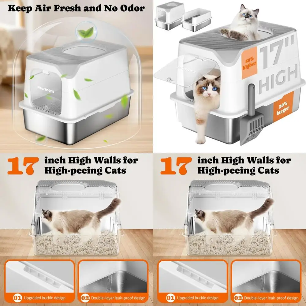 

Очень большой закрытый металлический лоток для кошек со съемной крышкой, входом спереди, выходом сверху, контролем запаха, легкой очисткой и защитой от протечек