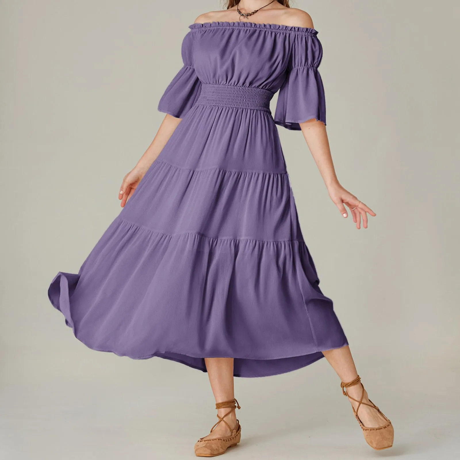 Elegante effen kleur bladerdeeg korte mouw damesjurk ruches off-shoulder elastische tailleband jurken boho stijl gewaad femme vestidos