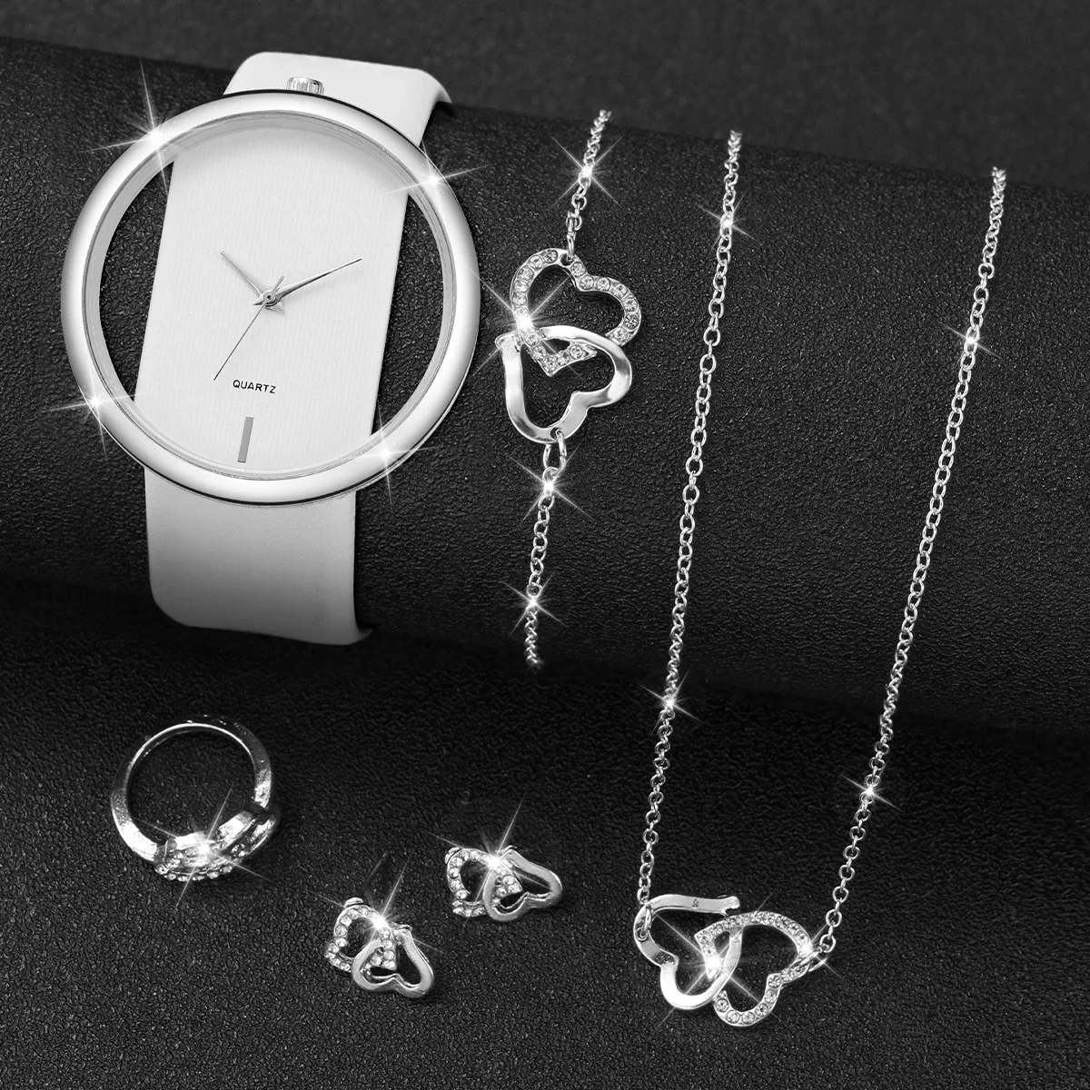 5PCS/Set Fashion Hollow Dial Women Quartz Watch Rhinestone Heart Jewelry Set Ladies Leather Band Wrist WatchWithout Box