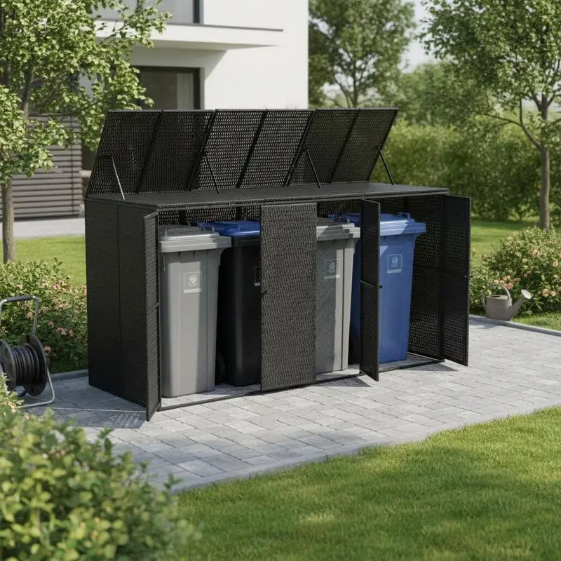 Abdeckung für 3 Mülleimer, schwarz, 207x80x117 cm, Polyrattan, langlebiger Mülleimerhalter, Aufbewahrungsregal für den Garten im Freien