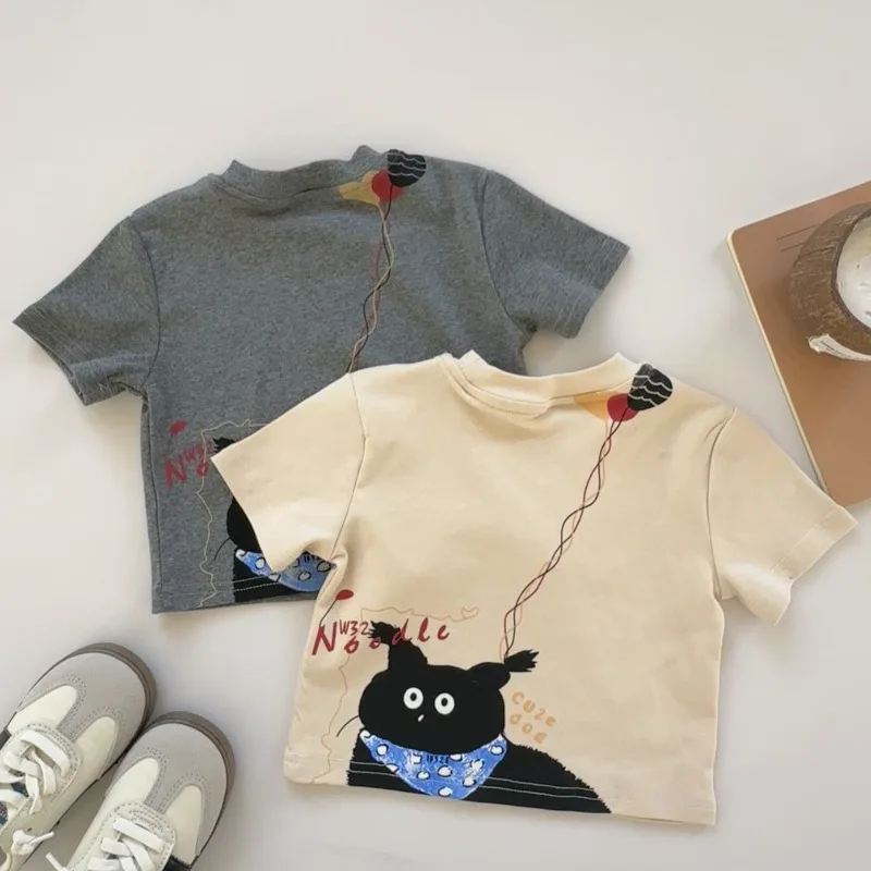 

Children's T-shirt 2025 Summer New Korean Version Girls' Casual T-shirt Front and Back Cat Print Top Short Sleeved Versatile