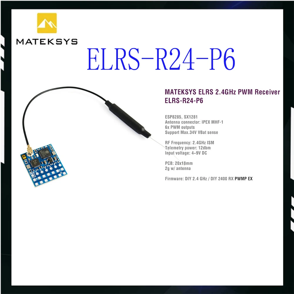 Matek ExpressLRS ELRS ELRS-R24-P6 Receiver 6 x PWM Output 2.4GHz ISM DC4-9V With IPEX MHF-1 Antenna For RC FPV Fixed-wing Drones