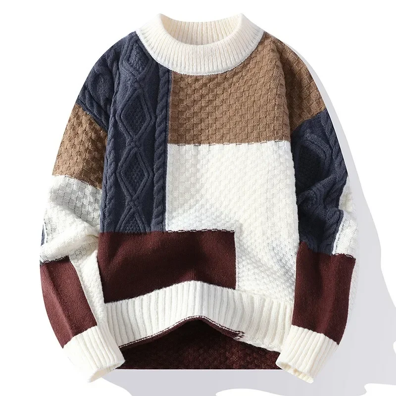 Autumn and Winter New Sweater Warm Fashion Stitching Color Matching Pullover Round Neck Sweater Thickened Knitted Sweater