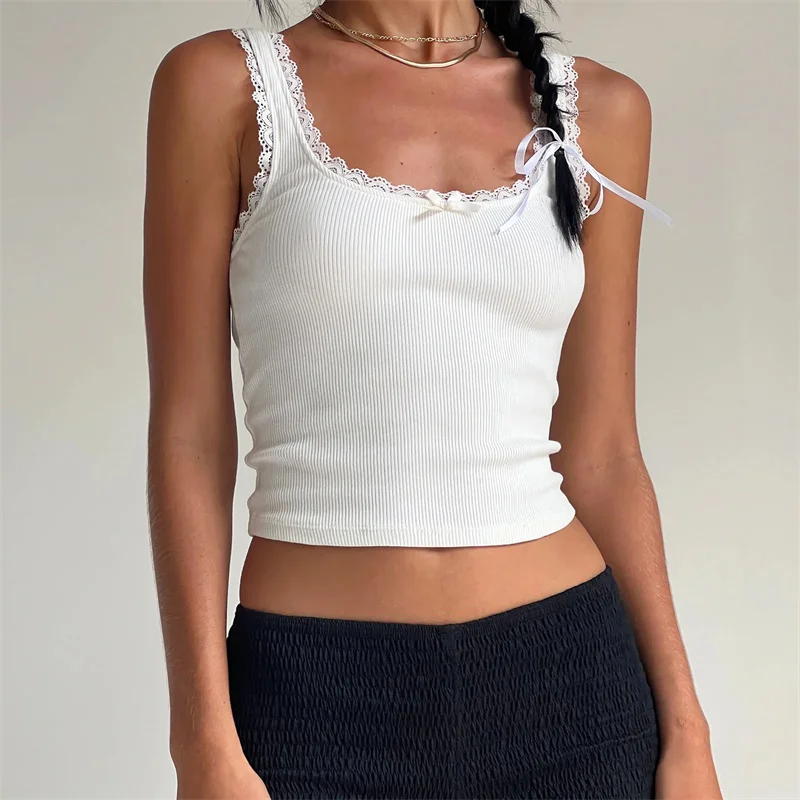 Lamuusaa Lace Trim Top Coquette Clothes Women Sexy Square Collar Sleeveless Knitted Crop Vest with Bow y2k Aesthetic Clothing