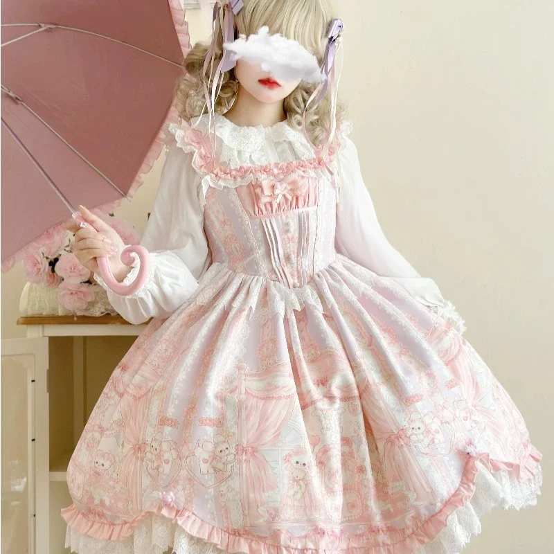 NONSAR Sweet Lolita Style Princess Dress Women Kawaii Cat Printed Bow Ruffles Pink Strap Dress Summer Harajuku Party Dresses