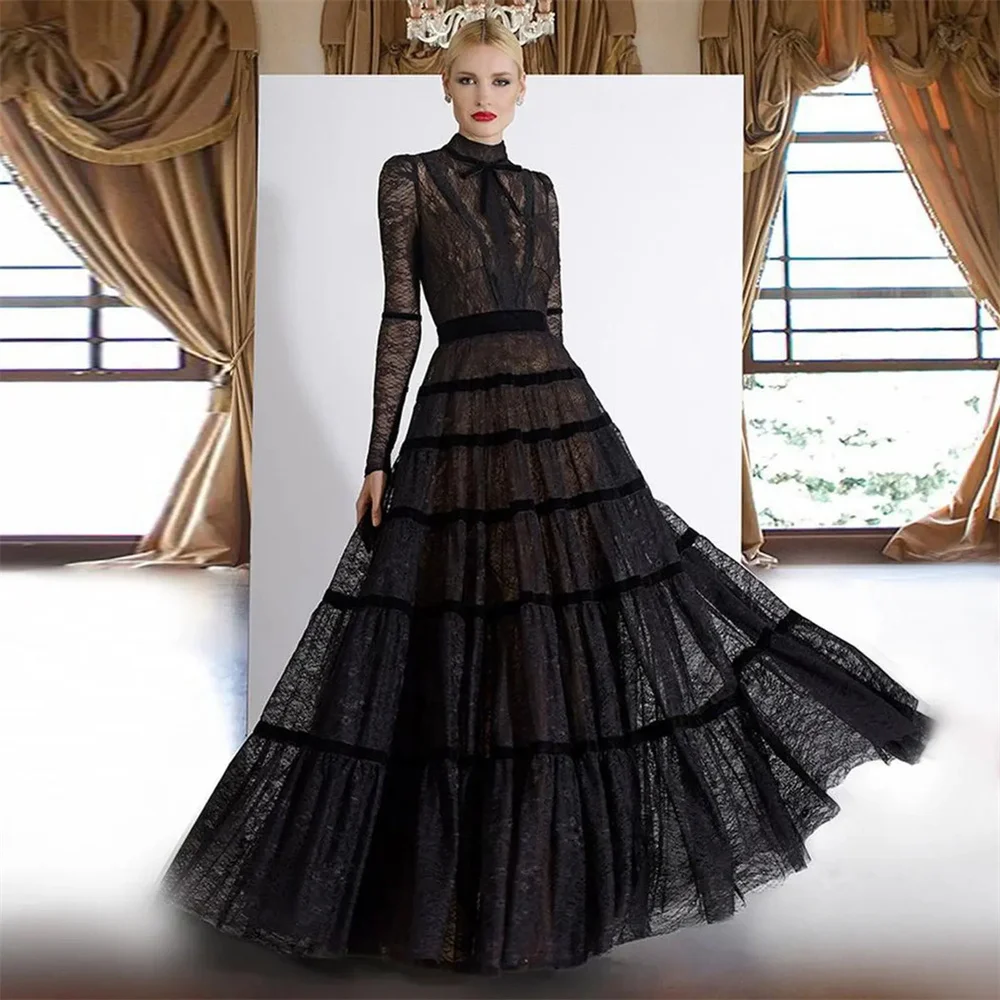 Sansa Customized Elegant Black Sheer Lace Maxi Gown High Neck Necktie Design Long Sleeve Multi Tiered Flared Skirt Evening Dress view 2