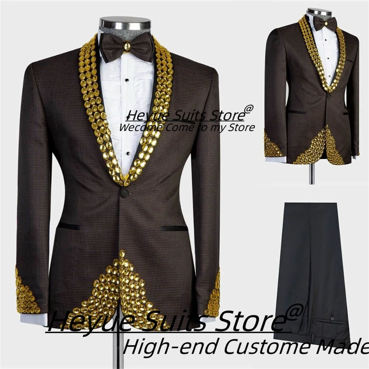 

Luxuly Shiny Golden bead Men Suits Customized Slim Fit Shawl Lapel Groom Wedding Tuxedos 2Pcs Sets Male Prom Blazers Ropa Hombre