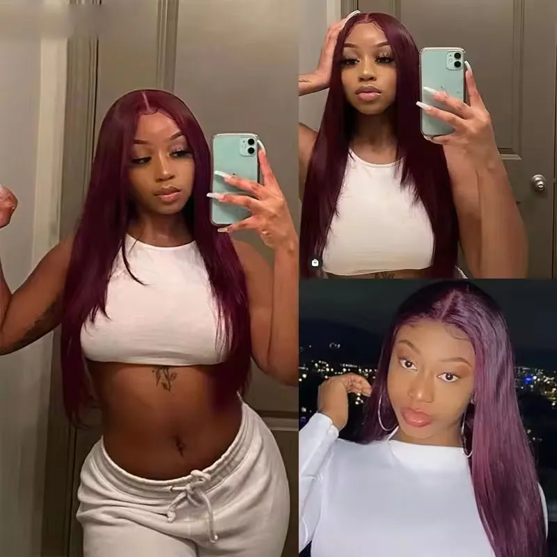 Peluca de pelo liso rojo oscuro 99J, peluca con malla frontal transparente 13x4, peluca de cabello humano 100% prearrancada de 180 de densidad para mujeres