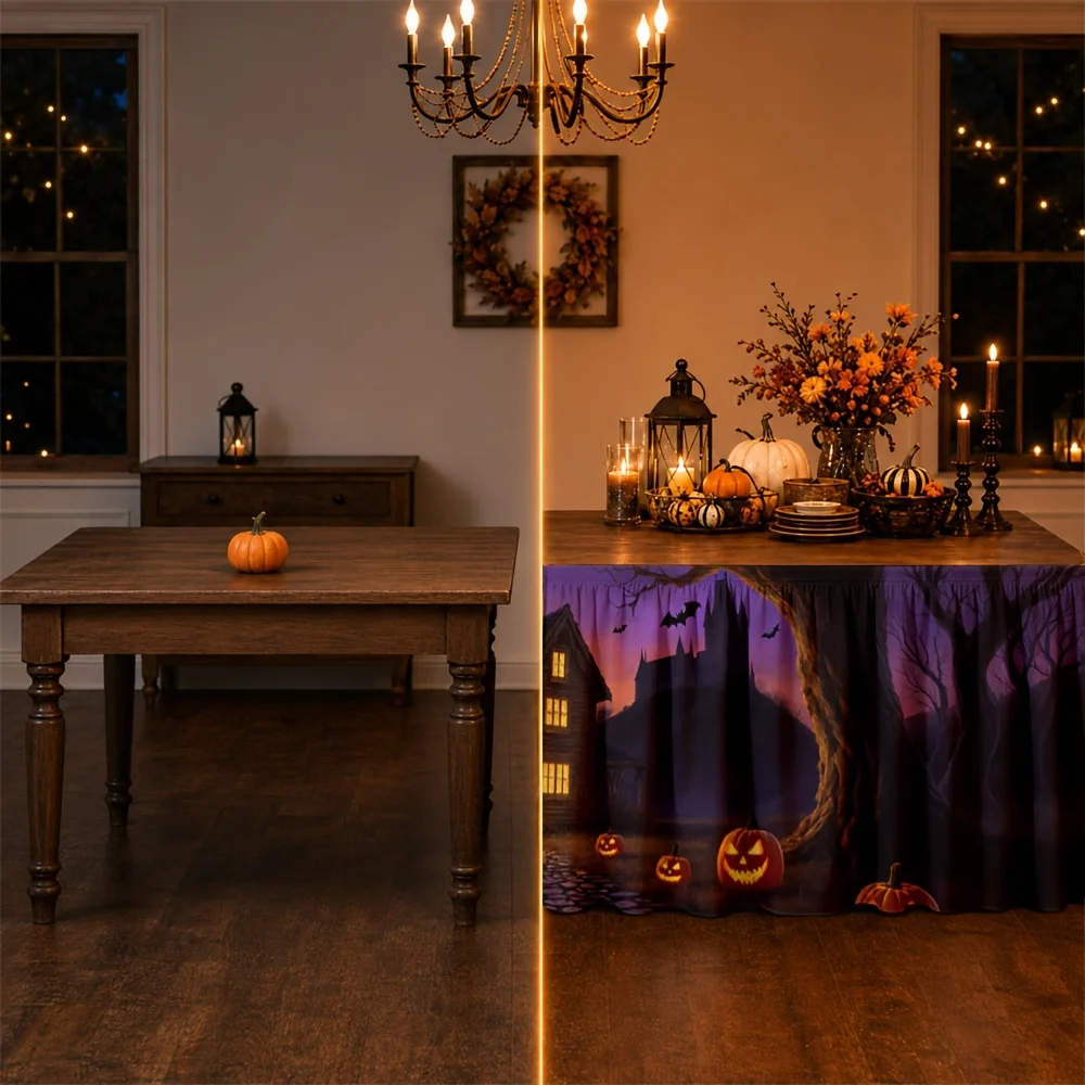 Halloween table skirt printed with polyester on a terrifying ghost house, pumpkin forest, night.zyc
