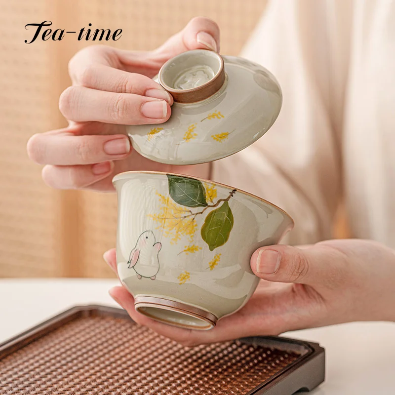 

150ml Plant Ash Gaiwan Hand-painted Cute Rabbit Ceramic Ercai Tea Tureen Teacup Tea Bowl Anti-scald High-end Kung Fu Tea Set