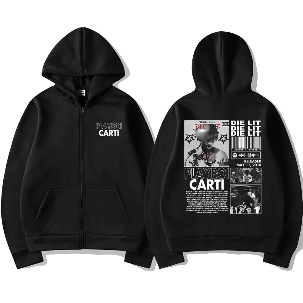 Rapper Playboi Carti Die Lit Graphic Print Zipper Hoodie Male Streetwear Spring Autumn Men Women Hip Hop Oversized Zip Up Jacket