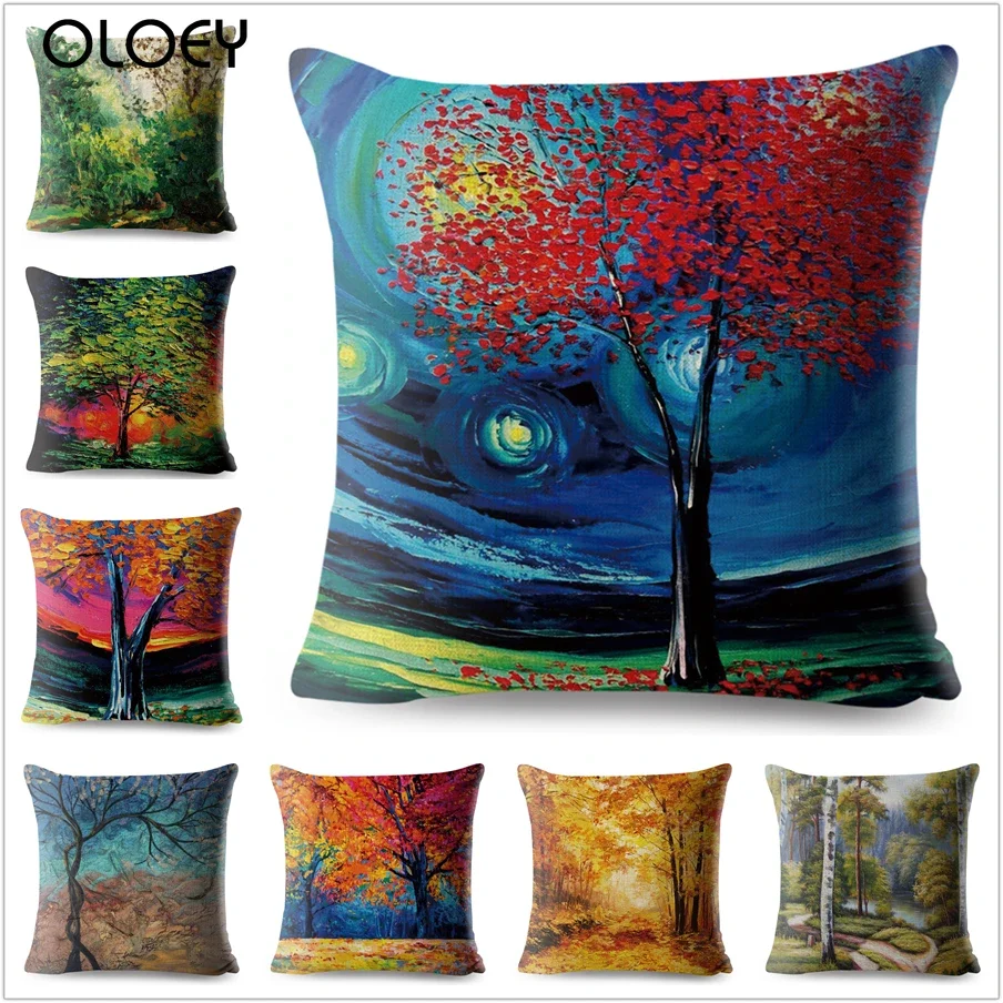 

Colorful Painting Decorative Trees Flowers Printed Pillowcase Cushion Cover Polyester Pillow Case for Sofa Home 45*45cm