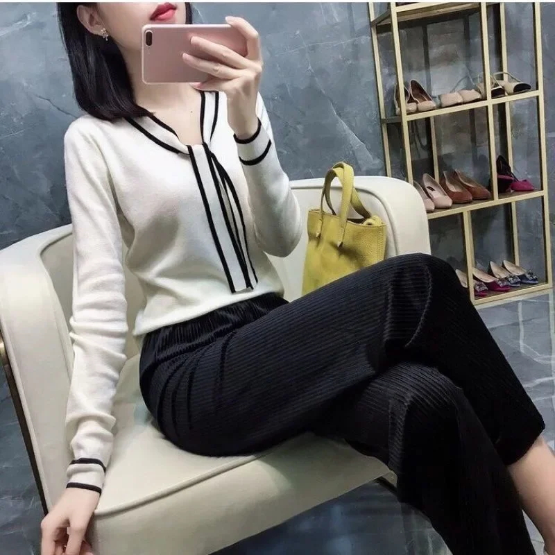 Herfst Winter Casual Vlinderdas Gebreide Dames Trui Tops Elegante Office Lady Losse Slanke V-Hals Met Lange Mouwen Warme Stevige Pullovers