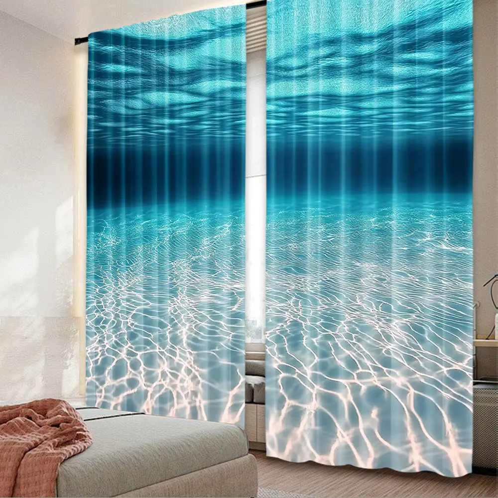 2Pcs Underwater World Curtain Ocean Sunshine Deep Blue Sea Water Curtain Suitable For Living Room Bedroom Hotel Store