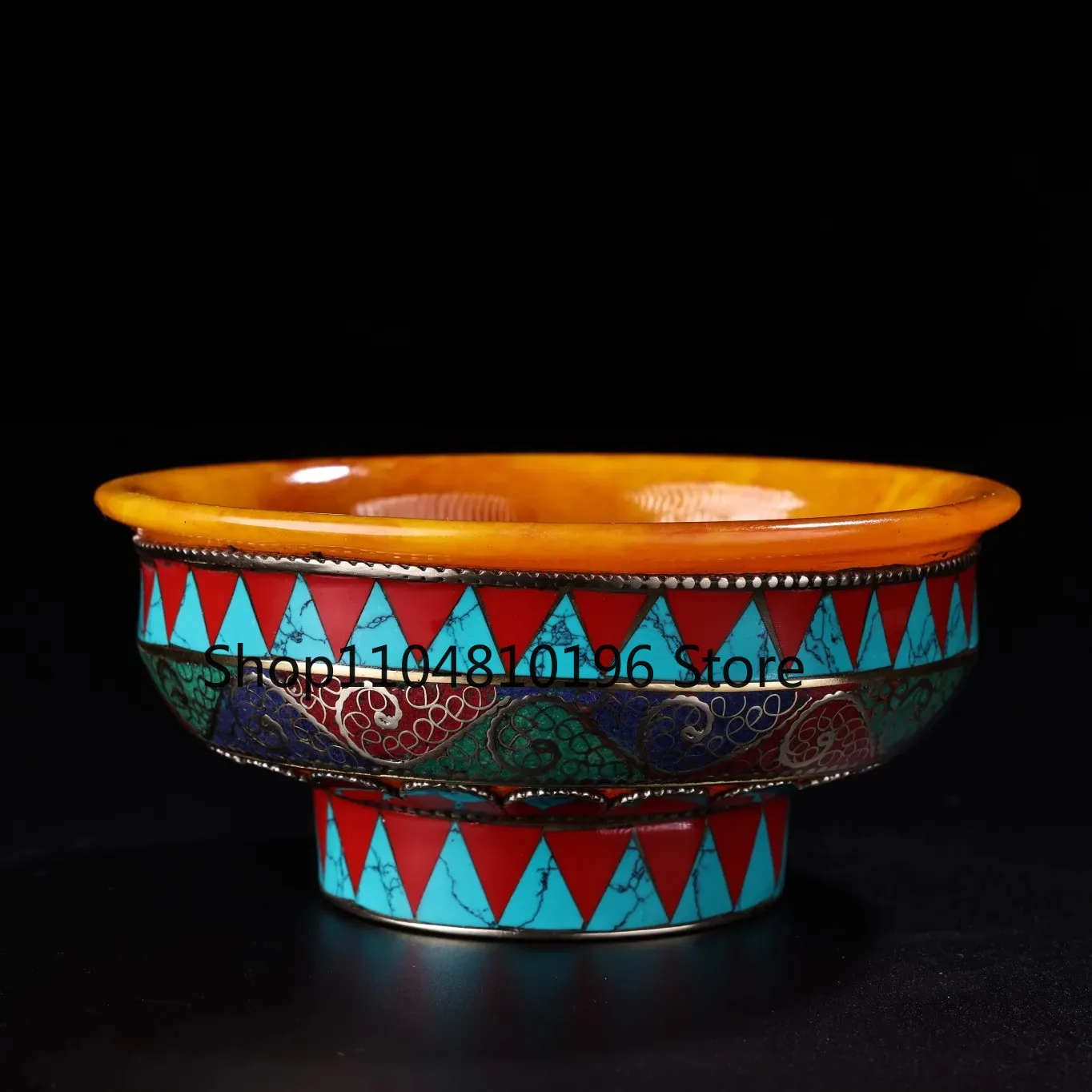 Beeswax mosaic Gem Tibetan silver Ghee Bowl offering Bowl Amulet Dharma