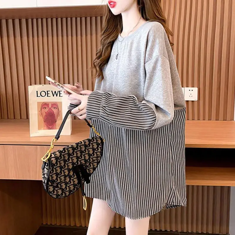 Women Striped Patchwork Lace Up Oversized Streetwear Sweatshirts Female Korean Fashion Long Sleeve Pullover Tunic Tops Y2K Ropa