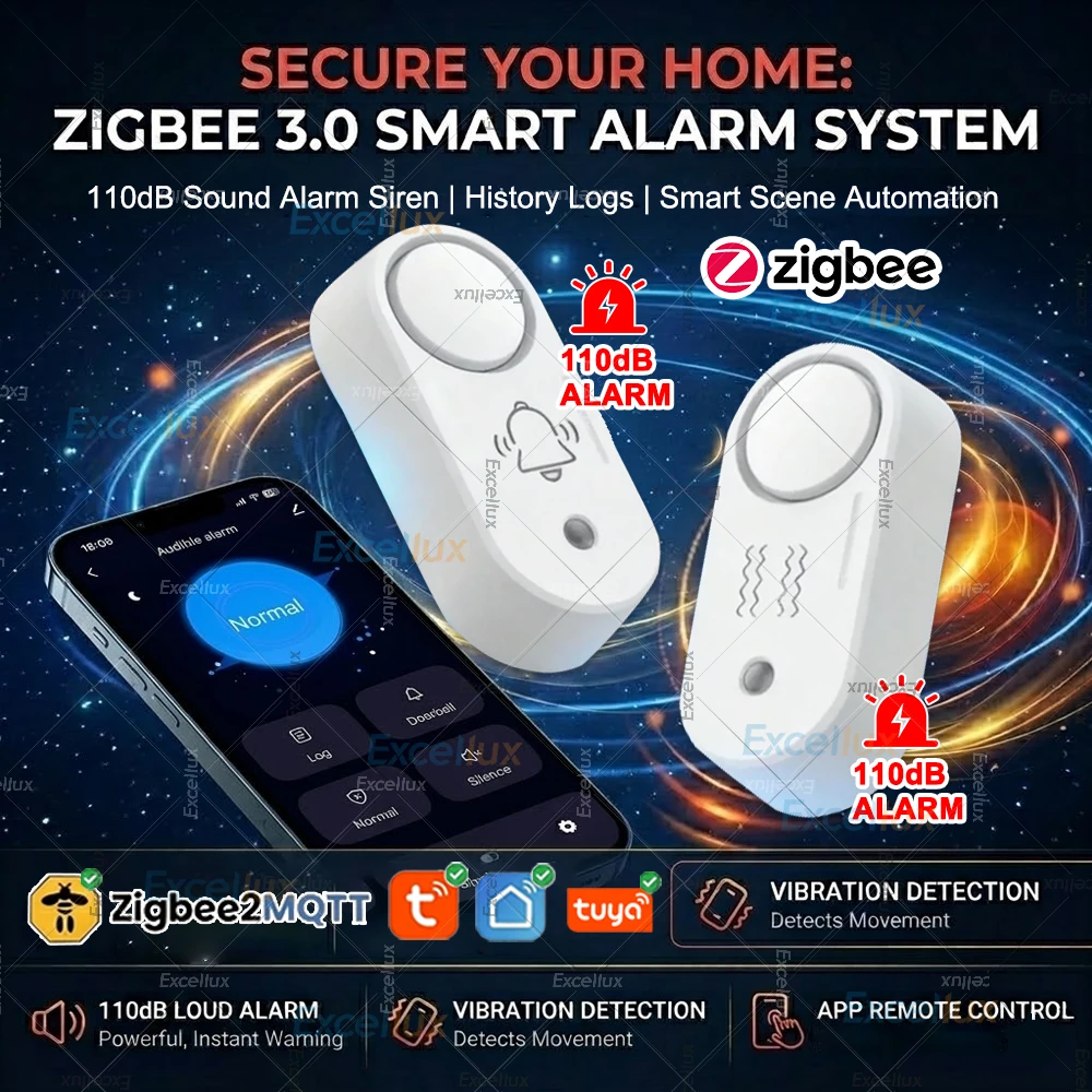

Умная сирена-сигнализация Zigbee, 110 дБ, звуковая и световая сигнализация, оповещение о вибрации, сигнализация для домашней безопасности, совместима с Tuya Smart Life Z2M