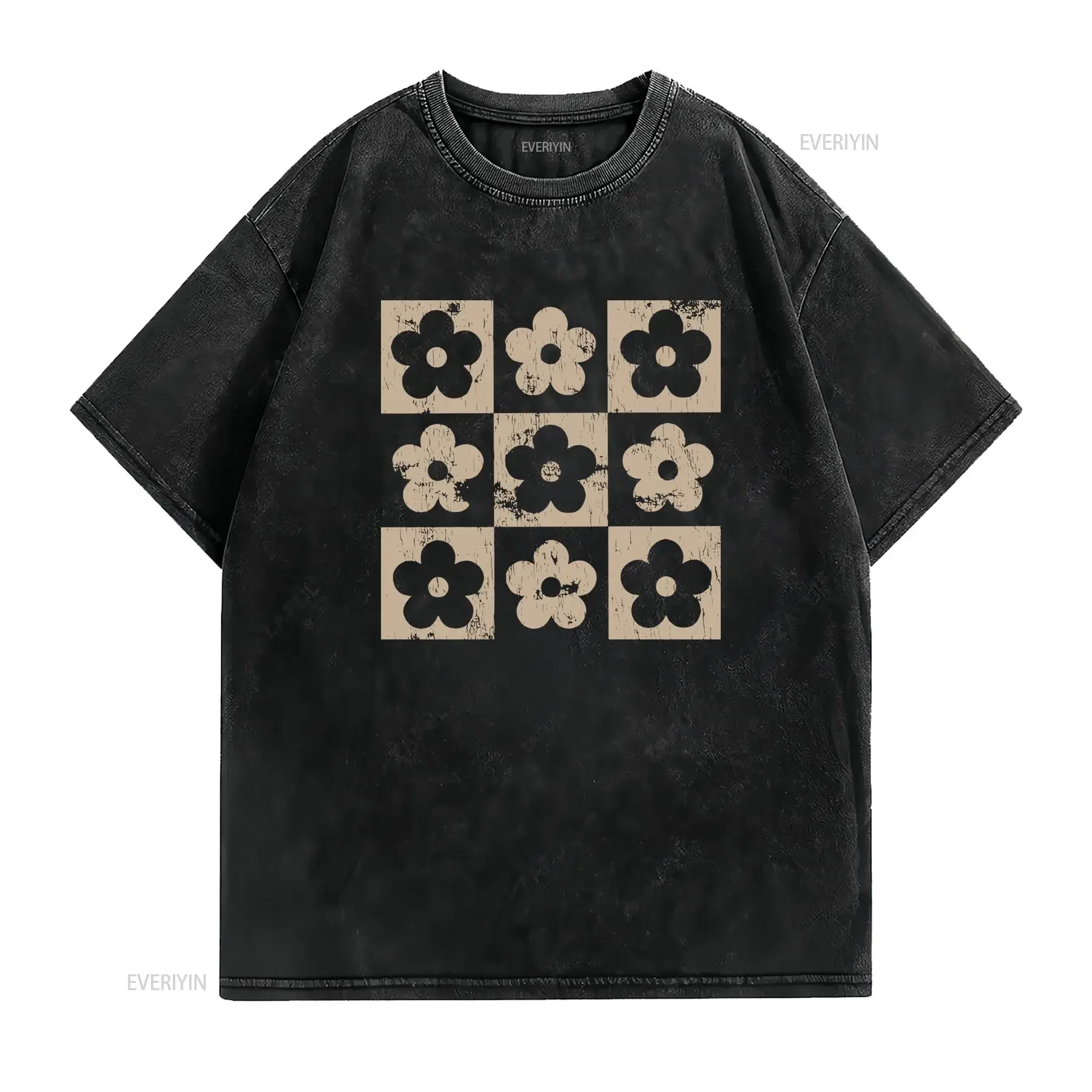 Retro Distressed Checkerboard Daisy Flower Print Streetwear T Shirt vintage Washed Breathable Top For Everyday Wear streetwear