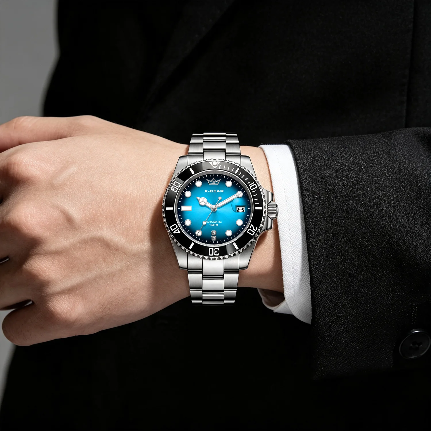Men's Classic Mechanical Movement  Deep Blue Water Resistant with Calendar Feature  Stainless Steel Ceramic Bezel