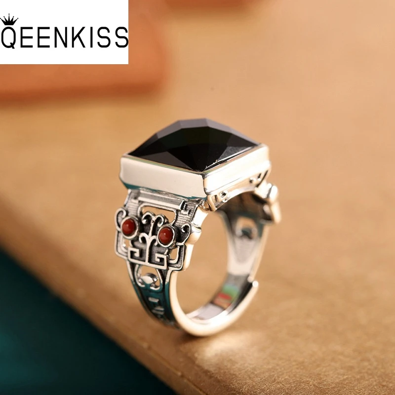 

QEENKISS 925 Sterling Silver Vintage Square Rings for Women Men Birthday Wedding Party Christmas Father Mother Lady Gifts RG7080