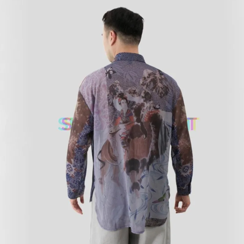 WVGA Spring Summer New Men's Chinese Style Printed Sheer Artistic Loose SunProof Floral Shirts Niche Chic Casual Tops Ins W25160